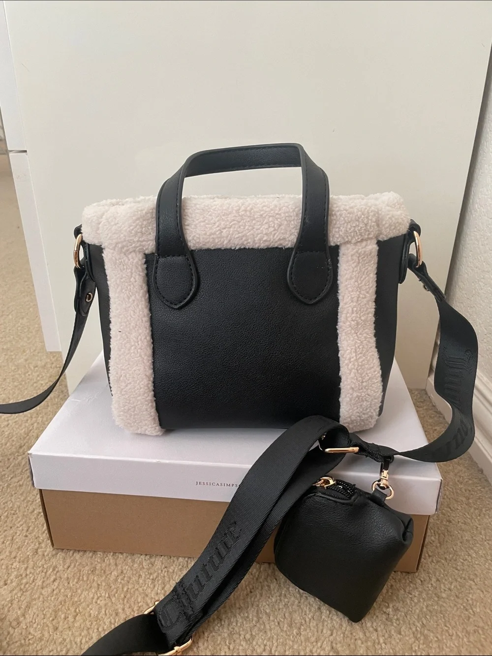 Juicy Couture Black Satchel with Cream Shearling Trim